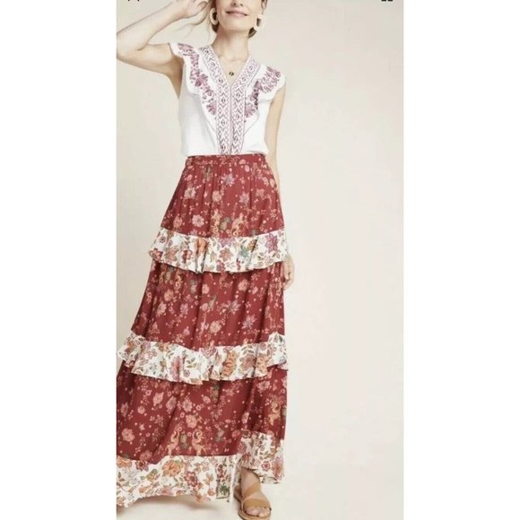 Farm Rio Anthropologie Portia Red Floral Tiered Maxi Skirt Large L New NWT RARE - Picture 1 of 5